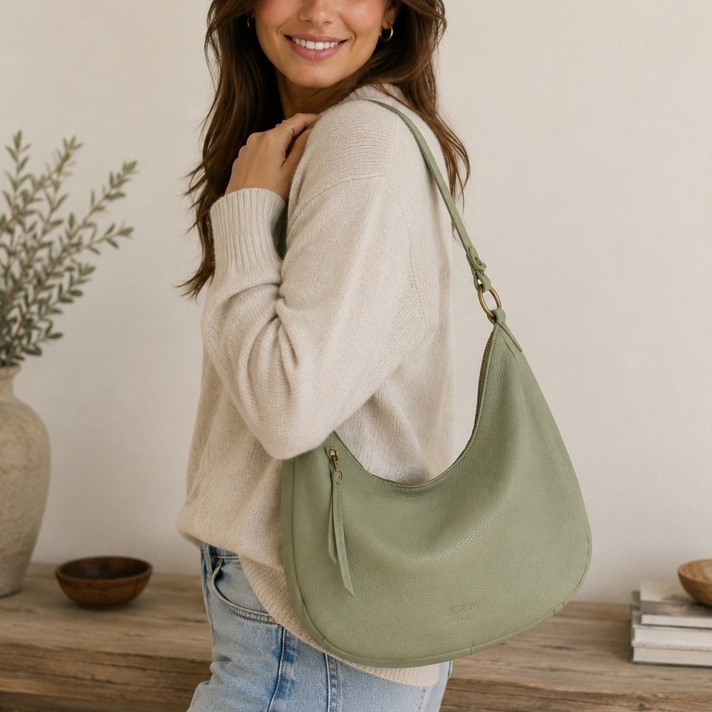 Marta Ponti Leather Hobo Shoulder Bag Sage Green